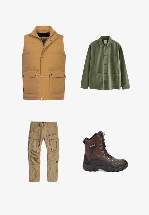 Gilet sans manches couleur tan en tissu matelassé. Il possède des boutons-pression, deux poches avant et une douce doublure en polaire noire au col.; Veste boutonnée vert olive avec col, manches longues, une poche poitrine et deux poches plaquées à l'avant en bas.; Pantalon cargo beige avec plusieurs poches, y compris des poches à rabat et zippées, avec une fermeture avant à boutons et zip.; Botte de randonnée isolée marron et noire avec semelle épaisse, œillets métalliques et étiquette Thinsulate sur le côté.
