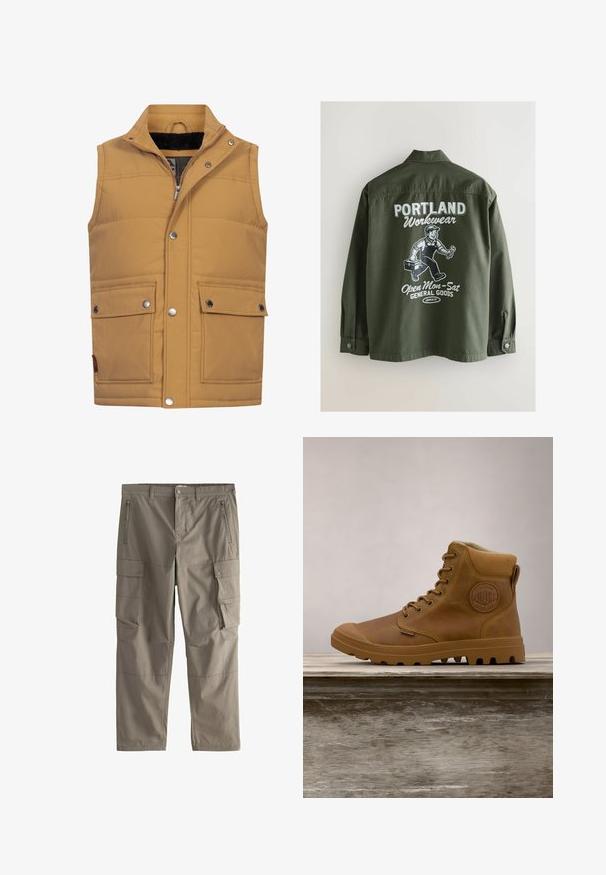 Gilet sans manches couleur tan en tissu matelassé. Il possède des boutons-pression, deux poches avant et une douce doublure en polaire noire au col.; Veste de travail vert olive avec un col boutonné, présentant un graphisme blanc au dos d'une personne, une boîte à outils et un texte en gras.; Pantalon cargo kaki avec passants pour ceinture, poches avant zippées, poches latérales à boutons-pression et coupe droite.; Bottes de cheville en cuir marron imperméables avec un upper en cuirtexturé, un design à lacets et une semelle en caoutchouc robuste. Comprend un logo et un renfort à l'orteil.