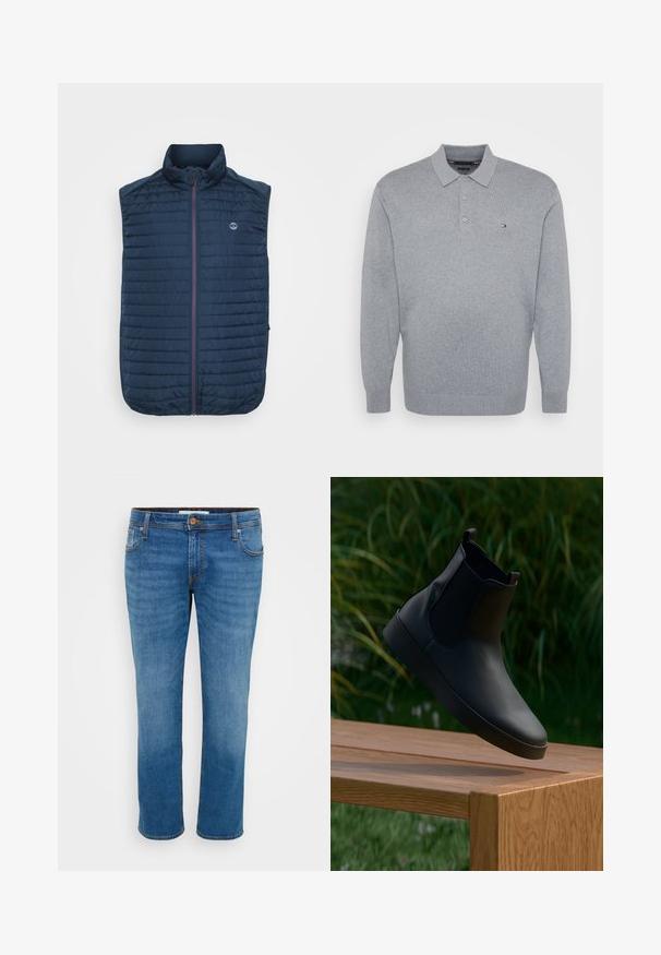 Mørkeblå ærmeløs vest med vandret quiltet tekstur, høj krave, frontlynlås og sidelommer. Har et logo på brystet.; Lys grå langærmet polo t-shirt lavet af blødt stof. Har en klassisk krave, tre knapper og et lille logo på brystet.; Blå denim jeans med lige ben, fem lommer og kontraststikning. Har en knaplukning og bæltestropper langs taljen.; Sort læder ankelstøvle med elastiske sidepaneler, glat overflade, afrundet tå og flad sål, placeret over et træt bord mod en grøn baggrund.
