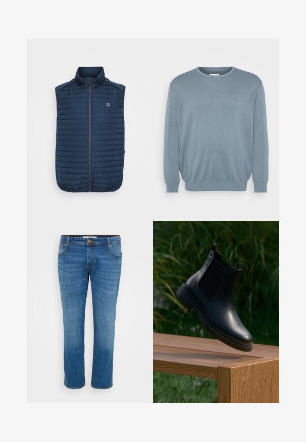 Marineblauwe mouwloze vest met horizontale gewatteerde textuur, hoge kraag, rits aan de voorkant en zijzakken. Heeft een logo op de borst.; Lichtblauwe trui van gebreide stof, met een ronde halslijn en geribde manchetten en zoom. Eenvoudig ontwerp met een zachte textuur.; Blauwe spijkerbroek met een recht model, vijf zakken en contrasterende stiksels. Voorzien van een knoopsluiting en riemlussen langs de tailleband.; Zwarte leren enkelboot met elastische zijpanelen zwevend boven een houten bank, groene loof achtergrond.