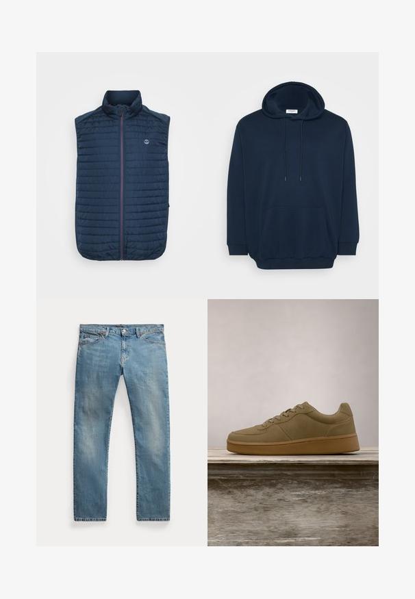 Marineblauwe mouwloze vest met horizontale gewatteerde textuur, hoge kraag, rits aan de voorkant en zijzakken. Heeft een logo op de borst.; Marineblauwe hoodie van een katoenmix, met een trekkoordcapuchon, voorzak met kangoeroe-design, ribgebreide cuffs en een ontspannen pasvorm.; Lichtblauwe straight-leg spijkerbroek met voorkantzakken, riemlussen, knoopsluiting en licht vervaagde details.; Olijfgroene sneaker met veters zwevend boven een houten bankje, met vervaagde groene bladeren op de achtergrond.