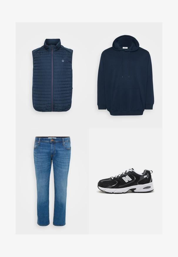 Gilet sans manches bleu marine avec texture matelassée horizontale, col montant, fermeture éclair sur le devant et poches latérales. Présente un logo sur la poitrine.; Hoodie bleu marine en mélange de coton, doté d'une capuche avec cordons de serrage, d'une poche kangourou à l'avant, de poignets côtelés et d'une coupe décontractée.; Jean en denim bleu avec une coupe droite, cinq poches et des coutures contrastées. Il dispose d'une fermeture à bouton et de passants de ceinture le long de la taille.; Baskets de sport noires et grises avec un tige en mesh et en suède, présentant une semelle intermédiaire blanche, des lacets et un logo "N" audacieux sur le côté.