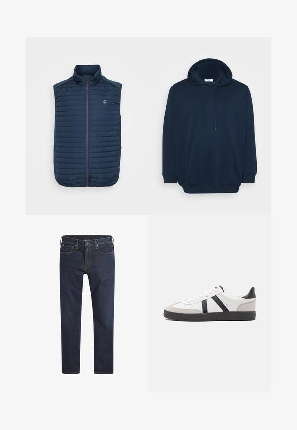 Marineblauwe mouwloze vest met horizontale gewatteerde textuur, hoge kraag, rits aan de voorkant en zijzakken. Heeft een logo op de borst.; Marineblauwe hoodie van een katoenmix, met een trekkoordcapuchon, voorzak met kangoeroe-design, ribgebreide cuffs en een ontspannen pasvorm.; Donkerblauwe denim jeans met een rechte pasvorm, vijf-pocket design en metalen knoopsluiting. Heeft contrasterende stiksels over de gehele broek.; Witte sneaker met zwarte en grijze accenten, voorzien van een grijze neus met textuur, zwarte rubberen zool en platte witte veters. Schoon ontwerp, minimalistische stijl.