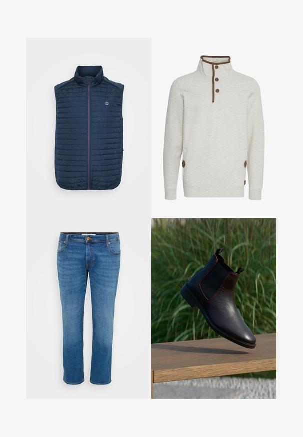 Chaleco sin mangas azul marino con textura acolchada horizontal, cuello alto, cremallera frontal y bolsillos laterales. Presenta un logotipo en el pecho.; Pullover de forro polar gris claro con un cuello alto, que presenta una tapeta de botones marrones y bolsillos laterales con botones decorativos marrones.; Jeans de mezclilla azul con corte recto, cinco bolsillos y costuras en contraste. Presentan un cierre de botón y pasadores para cinturón a lo largo de la cinturilla.; Botín Chelsea negro de cuero con acabado texturizado, paneles laterales elásticos y tiras de sujeción. Suela resistente y diseño de punta afilada elegante.