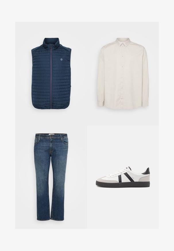 Gilet sans manches bleu marine avec texture matelassée horizontale, col montant, fermeture éclair sur le devant et poches latérales. Présente un logo sur la poitrine.; Chemise à manches longues en coton beige clair. Dotée d'un col classique, d'une fermeture à boutons sur toute la longueur et de poignets à boutons. Texture lisse.; Jean en denim bleu foncé avec une coupe droite, comportant cinq poches, une fermeture à bouton et un léger dégradé pour la texture.; Baskets blanches avec des accents noirs et gris, présentant un embout texturé gris, une semelle en caoutchouc noir et des lacets plats blancs. Design épuré, style minimaliste.
