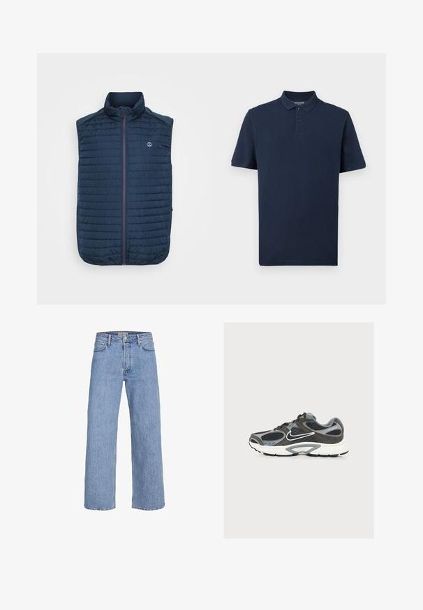 Tumesinine ilma varrukateta vest, millel on horisontaalne tikanditextuur, kõrge kaelus, esikinnitus ja küljetaskud. Rinnal on logo.; Tumesinine polo särk, mis on valmistatud pehmest puuvillast. Omab klassikalist krae, kahte nuppu ja lühikesi varrukaid. Rinna peal on diskreetne logo.; Heledad sinine denimist avarate jalgadega teksapüksid, kõrge vöökoht, viie tasku disain ja peened õmbluse detailid. Sile tekstuur ja otsekootud jalad.; Hall ja must Nike jooksujalats valge tallaga ja Swooshi logoga, võrgust ja seemisnahast paneelidega, nähtuna välisküljelt.