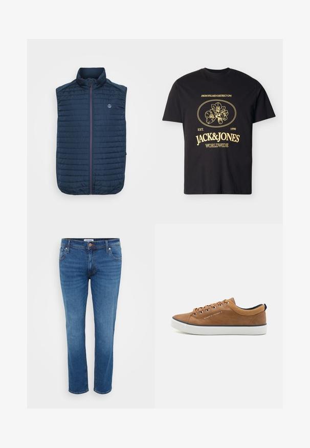 Mørkeblå ærmeløs vest med vandret quiltet tekstur, høj krave, frontlynlås og sidelommer. Har et logo på brystet.; Sort kortærmet t-shirt med gul blomsterprint og teksten "FROM HOLMEN DISTRICT CPH," "EST. 1990," "JACK & JONES," og "WORLDWIDE" på forsiden.; Denim jeans i en mellemblå farve, med et lige ben-design, fem lommer og en knaplukning ved taljen.; Brune lædersneakers med rund tå, hvid sål og marineblå accenter. Har metaløjer og en tekstureret krave.