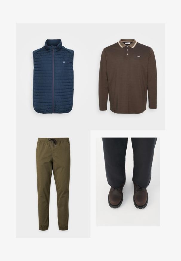 Mørkeblå ærmeløs vest med vandret quiltet tekstur, høj krave, frontlynlås og sidelommer. Har et logo på brystet.; Langærmet polo T-shirt i mørkebrun med en kontrastfarvet beige krave, tre-knaps placket og et lille logo på venstre bryst. Blød tekstur.; Olivengrønne afslappede bukser med elastisk talje og manchetter, med sort snøre.; Brune læder snørebåndssko med rund tå, sort gummisål og tekstureret detaljer, parret med løstsiddende mørke bukser.