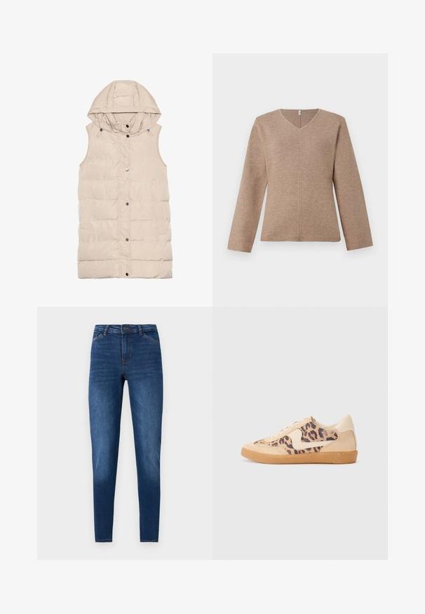 Beige gewatteerde vest met een capuchon, voorzien van een rits en drukknoopsluiting, zijzakken en een gemêleerd stofontwerp. Gladde afwerking.; V-hals trui van lichtbruin breiwerk, met lange mouwen en een centrale naaddetail voor een relaxte pasvorm. Gladde textuur, minimalistisch ontwerp.; Skinny jeans in donkerblauwe denim, met een gladde textuur, klassieke vijf-pocket ontwerpelementen en minimale stikselaccenten.; Luipaardprint sneakers met een beige suède bovenkant, tan rubberen zool en witte accenten. Ronde neus en vetersluiting met een gestructureerde afwerking.