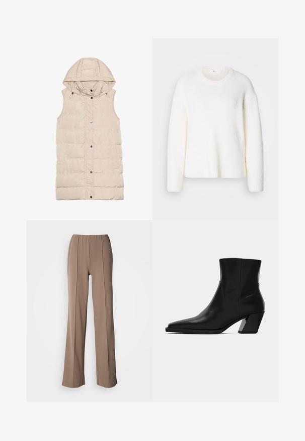 Beige gewatteerde vest met een capuchon, voorzien van een rits en drukknoopsluiting, zijzakken en een gemêleerd stofontwerp. Gladde afwerking.; Witte, zacht-textuur trui met een ronde hals, verlaagde schouders en geribbelde manchetten en zoom. Eenvoudig, onopgesmukt ontwerp.; Bruine broek met brede pijpen en een elastische tailleband, voorzien van twee verticale plooien aan de voorkant. Glad, lichtgewicht stoffen oppervlak.; Zwarte leren enkelboot met een spitse neus, een slanke silhoeet en een chunky vierkante hak. Gladde textuur met minimale stikdetails.