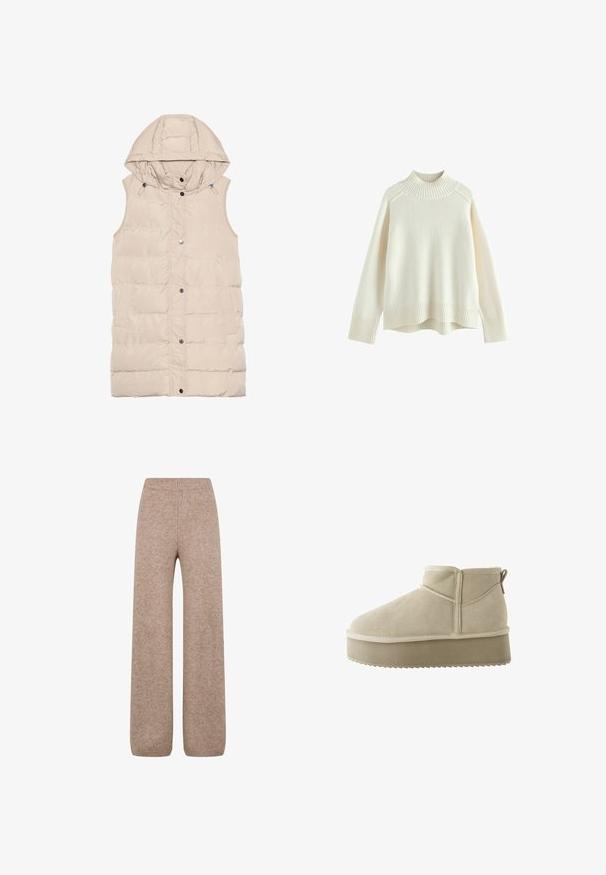 Beige gewatteerde vest met een capuchon, voorzien van een rits en drukknoopsluiting, zijzakken en een gemêleerd stofontwerp. Gladde afwerking.; Crèmekleurige trui met een geribbelde hoge hals, lange mouwen en een relaxte pasvorm. Getextureerde gebreide stof en geribbeld zoomdetail aan de onderkant.; Brede gebreide broek in een lichtbruine tint met een ribbel waistband en manchetten, gemaakt van een zachte, gestructureerde stof. Geen zichtbare zakken.; Beige suède enkelboot met een ronde neus en een dikke platformzool. Heeft een aantreklus en stikdetails langs de naden.