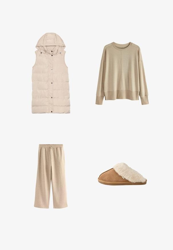 Beige polstret vest med hætte, der har lynlås og trykknaplukning, sidelommer og et struktureret stofdesign. Glat overflade.; Beige strikket sweater med en afslappet pasform, ribbede manchetter og kant, rund halsudskæring og dropped shoulders. Blød tekstur med minimale sømme.; Cremefarvede breddebenede bukser lavet af blødt bomuldsblandingsstof. Har en elastisk talje med snor og en subtil plettet tekstur.; Brun slip-on tøffel med blød beige imiteret pelsforing og sål, vist fra siden på hvid baggrund.