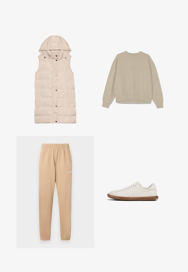 Beige polstret vest med hætte, der har lynlås og trykknaplukning, sidelommer og et struktureret stofdesign. Glat overflade.; Beige sweatshirt lavet af blødt bomuld, der har en rund halsudskæring, nedfaldne skuldre og ribbede mancher. På fronten er ordet "PEGAADOR" broderet.; Beige sweatpants med elastisk talje, tapered ben og sidelommer. Har lille hvid tekst "PEGADOR" på venstre lår.; Lysebrune sneakers lavet af blødt stof med en glat tekstur. Rund spert, seks snøreringe og en fleksibel brun gummisål.