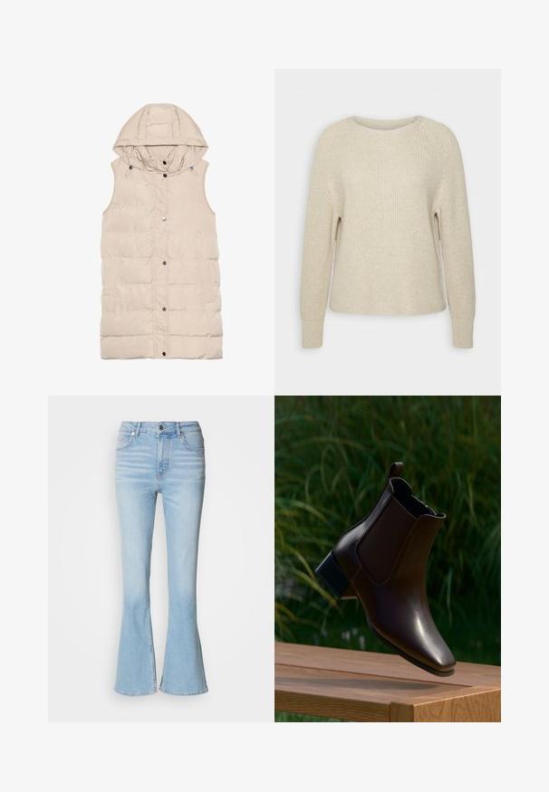 Beige polstret vest med hætte, der har lynlås og trykknaplukning, sidelommer og et struktureret stofdesign. Glat overflade.; Lyserød strikket sweater med rund halsudskæring, raglanærmer og ribbede manchetter. Teksturen er blød med en afslappet pasform og minimal detaljering.; Lyseblå vide jeans lavet af denim med høj talje, prydet med subtil falming og en standard lynlås-lukning.; Mørkebrunt læderankelstøvle med lav hæl og trækkende hæfte, vist i luften over en træbænk med grønne planter i baggrunden.