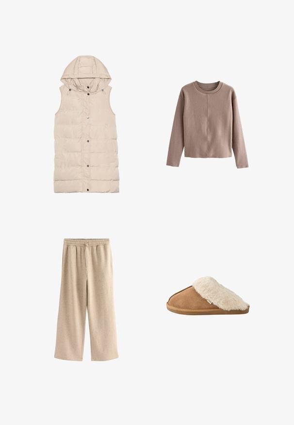 Beige gewatteerde vest met een capuchon, voorzien van een rits en drukknoopsluiting, zijzakken en een gemêleerd stofontwerp. Gladde afwerking.; Lichtbruine, korte trui van zachte stof, met een ronde ribbelboord en lange mouwen met een soepele textuur en minimale naden.; Beige wijde broek gemaakt van zachte stof, met een elastische tailleband met een trekkoord en een subtiele gespikkelde textuur.; Bruine instapslipper met zachte beige nep bont voering en zool, zijkant gezien op witte achtergrond.