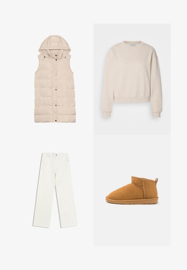 Beige polstret vest med hætte, der har lynlås og trykknaplukning, sidelommer og et struktureret stofdesign. Glat overflade.; Lys beige sweatshirt lavet af blødt stof, med rund hals, nedfaldne skuldersømme og ribbede manchetter og kant.; Hvide jeans med højt liv og lige ben, med forlommer og knaplukning på hvid baggrund.; Suedes ankelsko i tan med en rund tå, stikninger og en løkke ved hælen. Flad gummisål for stabilitet.