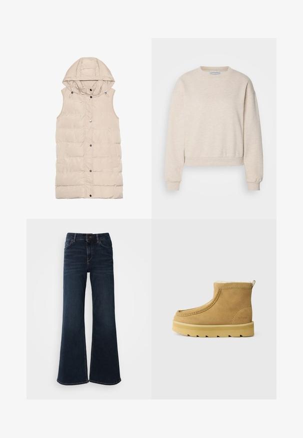 Beige polstret vest med hætte, der har lynlås og trykknaplukning, sidelommer og et struktureret stofdesign. Glat overflade.; Lys beige sweatshirt lavet af blødt stof, med rund hals, nedfaldne skuldersømme og ribbede manchetter og kant.; Mos Mosh HERA - Flared jeans - dark blue; Tan ruskindsankelstøvler med en shearling-foring, rund tå og en tyk gummisål med et takkede mønster. Lille trækkrog på bagsiden.