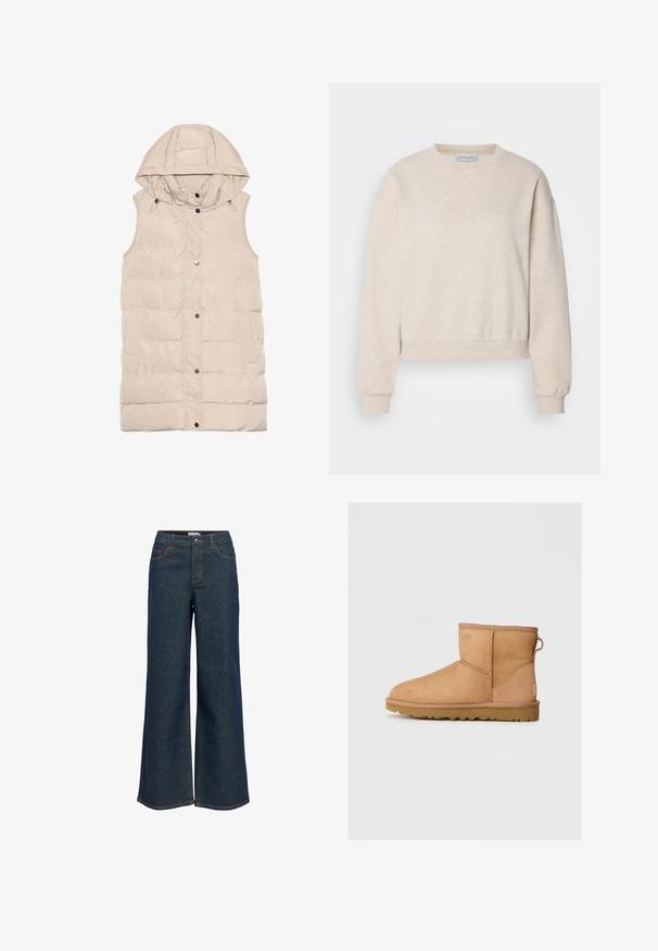Beige polstret vest med hætte, der har lynlås og trykknaplukning, sidelommer og et struktureret stofdesign. Glat overflade.; Lys beige sweatshirt lavet af blødt stof, med rund hals, nedfaldne skuldersømme og ribbede manchetter og kant.; Mørkeblå vidde jeans med frontlommer, bæltestropper og knaplukning i taljen.; Brune suede ankelstøvle med rund tå, stikninger, en pull tab bagpå og en tekstureret gummisål. Designet til komfort og varme.