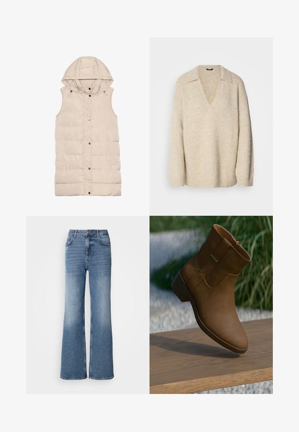 Beige gewatteerde vest met een capuchon, voorzien van een rits en drukknoopsluiting, zijzakken en een gemêleerd stofontwerp. Gladde afwerking.; Beige gebreide trui met een V-hals en kraag, met ontspannen mouwen en ribbelmanchetten. Zachte textuur met een licht harige afwerking.; Mos Mosh MAI - Straight leg jeans - blue wash; Bruine leren enkelboot met een gladde textuur, ronde neus, kleine blokhak en een zijrits. Tentoongesteld op een houten oppervlak.