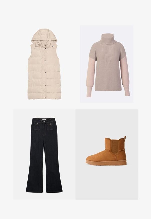 Beige polstret vest med hætte, der har lynlås og trykknaplukning, sidelommer og et struktureret stofdesign. Glat overflade.; Lys beige strikket trøje med turtleneck, der har ribbet tekstur og lange ærmer, én i en blød lyserød farve. Casual design, uden mønstre.; Sorte denim jeans med høj talje, flared ben, to frontlommer og orange syninger. Materialet ser solidt og glat ud.; Brune ruskind ankelstøvle med elastisk sidelæbe og strop, flad sål og minimale syninger på en lys ensartet baggrund.