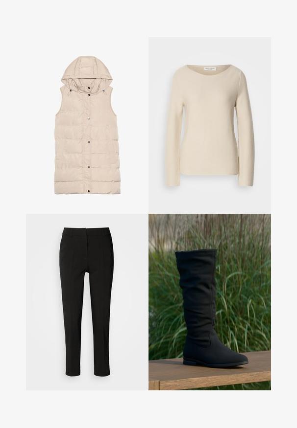 Beige polstret vest med hætte, der har lynlås og trykknaplukning, sidelommer og et struktureret stofdesign. Glat overflade.; Beige striktrøje med lange ærmer, rund halsudskæring og en glat tekstur. Etiketten er synlig ved halsen, med let ribbet detaljering.; Sorte skræddersyede bukser med slim fit, flad front og uden synlige lommer, med en glat tekstur og en ren finish ved kanten.; Sort knæhøj støvle lavet af blødt stof, med et slapt design, spids tå og flad sål, sat mod en græsplæne baggrund.