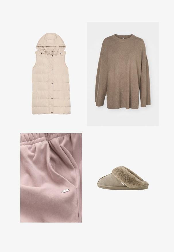 Beige polstret vest med hætte, der har lynlås og trykknaplukning, sidelommer og et struktureret stofdesign. Glat overflade.; Brun oversized sweater med ribbet kant, brede ærmer og rund hals. Blød tekstur, minimalistisk design uden mønstre.; Lyserødt stof med ribbet tekstur, der har en elastisk taljebånd og en lille metallisk label med teksten "DOWNTIME" på siden.; Beige slip-on tøfler med blød, plyssede pelsforing omkring åbningen og en ydersål med ruskindslignende overflade.