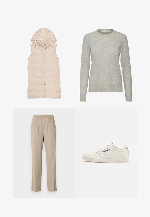 Beige polstret vest med hætte, der har lynlås og trykknaplukning, sidelommer og et struktureret stofdesign. Glat overflade.; Lysegrå pullover i blød, struktureret strik. Har en rund halsudskæring og lange ærmer med ribstrikkede manchetter.; Beige, lette bukser med elastisk talje, lige ben, blød tekstur og subtile folder. Ingen synlige lommer.; Hvide lædersneakers med en tekstureret gummisål, rund tå og Reebok-branding i blå. Minimalistisk design med syede detaljer.