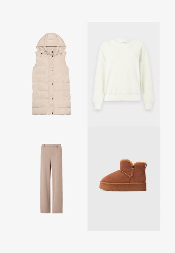 Beige polstret vest med hætte, der har lynlås og trykknaplukning, sidelommer og et struktureret stofdesign. Glat overflade.; Lysebeige sweatshirt med rund hals, lange ærmer, ribstrikkede manchetter og kant samt et blødt, struktureret stof. Label viser "CLOSED."; Beige bukser med høj talje og brede ben med bæltestropper, frontplissering og skjult frontlukning.; Brun ruskind ankelstøvle med platformsål, lynlås i siden og pelsforet synligt ved den øverste kant.