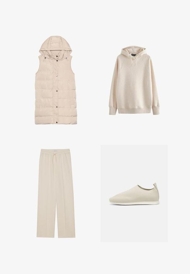 Beige gewatteerde vest met een capuchon, voorzien van een rits en drukknoopsluiting, zijzakken en een gemêleerd stofontwerp. Gladde afwerking.; Beige hoodie gemaakt van zachte stof met een ruime capuchon, ribgebreide manchetten en zoom, en raglanmouwen. Geen zichtbare patronen of graphics.; Beige wijde broek van zacht materiaal, met een elastische tailleband, trekkoord en zijzakken voor praktische doeleinden.; Beige gebreide instap schoen met een lage profiel, textuur bovenkant en een flexibele zool. Kenmerkt zich door een geweven ontwerp rond de enkel voor comfort.