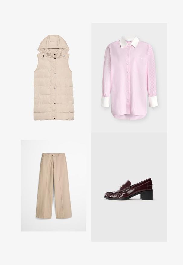 Beige gewatteerde vest met een capuchon, voorzien van een rits en drukknoopsluiting, zijzakken en een gemêleerd stofontwerp. Gladde afwerking.; Langärmelig overhemd met verticale roze en witte strepen, wit kraagje, witte manchetten, knopen aan de voorkant en een borstzak met knoopdetail.; Beige wijde pijpen broek met een voorvouw, riemlussen, knoopsluiting en een klein stoffen label aan de rechterkant van de tailleband.; Bordeaux leren instapper met een ronde neus, geplooide textuur aan de voorkant en een korte zwarte blokhak. Gouden accent op de wreef.