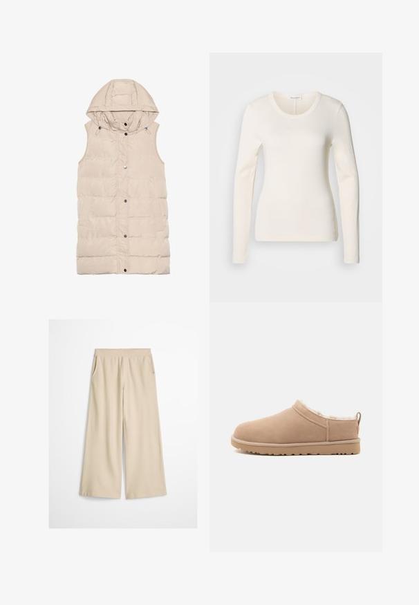 Beige polstret vest med hætte, der har lynlås og trykknaplukning, sidelommer og et struktureret stofdesign. Glat overflade.; Langærmet, cremefarvet top lavet af blødt materiale. Har en rund halsudskæring og en tætsiddende silhuet, med minimale syninger.; Bukser med brede ben i cremefarve med høj talje og uden synlige lukninger eller lommer, vist mod en hvid baggrund.; Beige slip-on tøfler med blødt ruskind yderside, blødt hvidt pelskørselindlæg og gummisål med traktion mønster, vist i sideprofil.