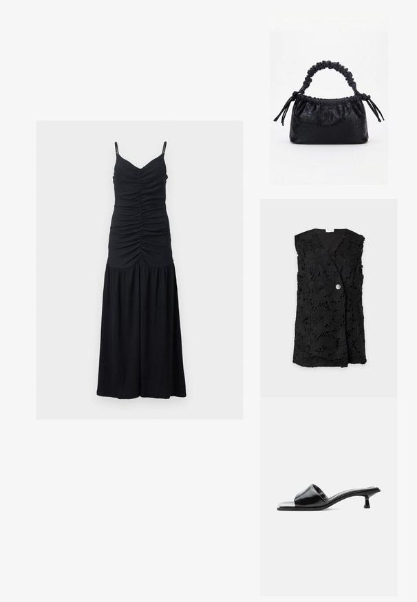 Veste sans manches en dentelle noire avec motif floral et une seule fermeture à bouton en argent sur le devant.; Robe longue noire sans manches avec fines bretelles, corsage froncé et jupe fluide froncée.; Mule ouverte en cuir verni noir avec un petit talon kitten bas et une large bride sur les orteils, présentée en profil sur un fond uni.; Sac à main noir avec texture crocodile, bord supérieur froncé, poignée plissée et pompons à cordon de chaque côté sur fond blanc.
