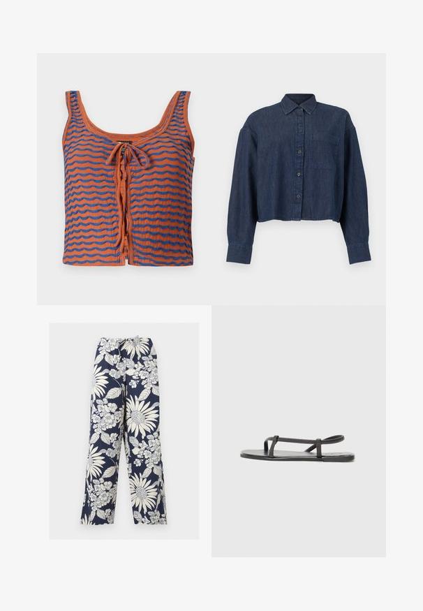 Orange bomulds tanktop med blå bølgede striber, med en scoop halsudskæring og en bindedetalje foran. Glat tekstur, cropped design.; Mørkeblå denim kort skjorte med lange ærmer, knapper foran, krave og en enkelt brystlomme mod en hvid baggrund.; Marineblå vidde bukser med hvide blomster- og bladmønstre og elastisk linning med snøre.; Sorte flade sandaler med tynde, teksturerede stropper og et minimalistisk design. Sålen er glat, og den overordnede form er slank og underspillet.