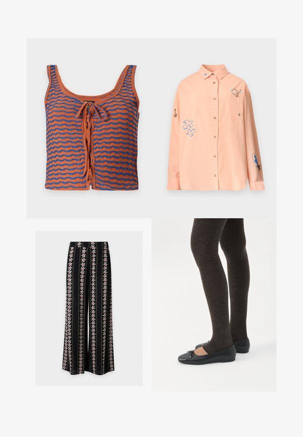 Orange bomulds tanktop med blå bølgede striber, med en scoop halsudskæring og en bindedetalje foran. Glat tekstur, cropped design.; Lyse ferskenfarvet langærmet skjorte med knapper, krave, forlomme og broderede motiver, herunder fugle, blomster og stjerner på ærmer og bryst.; Sorte bukser med vidde i benene med lodrette lyserøde og hvide blomstrede striber og små gule prikker, der skiftevis går igen i mønsteret.; Ben iført mørke ribbede leggings kombineret med sorte balletsko med små sløjfedetaljer på hvid baggrund.