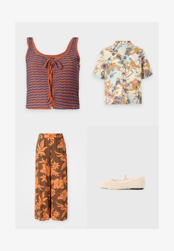 Orange bomulds tanktop med blå bølgede striber, med en scoop halsudskæring og en bindedetalje foran. Glat tekstur, cropped design.; Kortærmet skjorte med knapper foran og et multifarvet blomstermønster i nuancerne beige, brun, koral, grå og lyseblå.; Brune brede bukser med et orange blomstermønster. Glat tekstur med høj talje og sidelommer. Afslappet og let design.; Luftig, cremefarvet hjemmesko med en blød tekstur, rund tå, minimalistisk design og en lille stofsløjfe på bagsiden for nem påtagning.