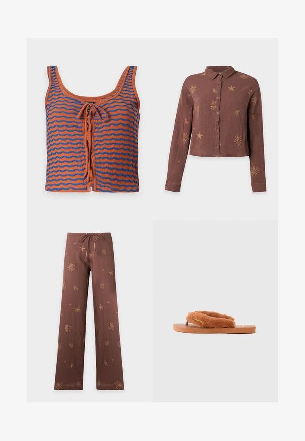 Orange bomulds tanktop med blå bølgede striber, med en scoop halsudskæring og en bindedetalje foran. Glat tekstur, cropped design.; Brun langærmet skjorte med knapper og krave, dekoreret med lyse sol-, søstjerne- og hjerte-mønstre.; Brune vidde bukser med snor i taljen og broderede sol-, søstjerne- og spiral mønstre spredt på stoffet.; Brune, fluffy flip-flop med brede remme og tekstureret fodbed. Har et guld logoaccent. Sålen er flad og lavet af gummi.
