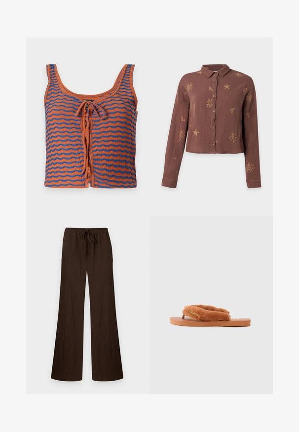 Orange bomulds tanktop med blå bølgede striber, med en scoop halsudskæring og en bindedetalje foran. Glat tekstur, cropped design.; Brun langærmet skjorte med knapper og krave, dekoreret med lyse sol-, søstjerne- og hjerte-mønstre.; Mørkebrune, teksturerede bukser med brede ben, elastisk talje og snøre foran, lagt fladt på en lys baggrund.; Brune, fluffy flip-flop med brede remme og tekstureret fodbed. Har et guld logoaccent. Sålen er flad og lavet af gummi.