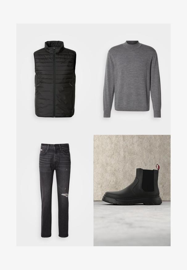 Sort, polstret ærmeløs vest med høj krave, fuld frontlynlås og to sidelommer. Har et diskret brandlogo på forsiden.; Grå langærmet sweater lavet af strikket materiale, med en høj hals og et subtilt logo på brystet. Glat tekstur og tætsiddende design.; Sorte denim jeans med lige ben-design, distressed detaljer ved knæene, fem-lommestil og en diskret falmet finish.; Sort ankelstøvle med en glat overflade, elastiske sidepaneler og en kontrasterende rød træksløjfe, der har en tyk gummisål og rund tå.