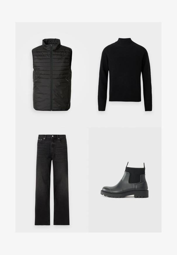 Chaleco acolchado negro sin mangas con cuello alto, cierre frontal completo y dos bolsillos laterales. Presenta un sutil detalle de marca en la parte delantera.; Jersey de cuello alto negro con mangas largas, fabricado con un material de punto suave. Presenta un cuello y bajo acanalados para una silueta ajustada.; Jeans negros de pierna recta con diseño de cinco bolsillos, presillas para cinturón y cierre de botón, mostrados sobre un fondo blanco.; Botas de tobillo negras de goma con acabado mate, que presentan un diseño elegante, paneles elásticos y una suela gruesa para mayor tracción.