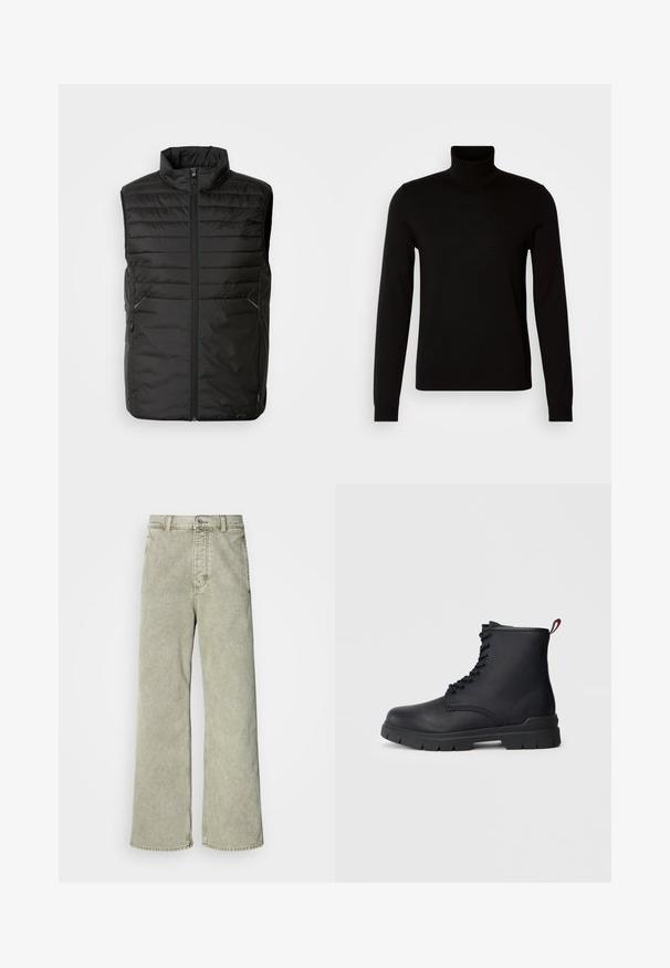 Sort, polstret ærmeløs vest med høj krave, fuld frontlynlås og to sidelommer. Har et diskret brandlogo på forsiden.; Sort turtleneck sweater lavet af et fint strikket stof, der har lange ærmer og en tætsiddende silhuet. Glat tekstur med ribbede manchetter.; Lys grøn brede jeans med høj talje, lavet af denim, med knaplukning og klassisk fem-lommer design.; Sort læder ankelstøvle med snørebånd foran, tykk gummisål og rød løftestrop ved hælen, vist mod en ensfarvet lys baggrund.