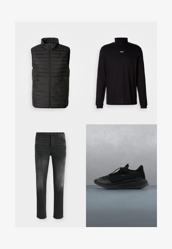 Schwarwest gepolsterte ärmellose Weste mit hohem Kragen, vollem Frontreißverschluss und zwei Seitentaschen. Mit einem subtilen Branding-Detail auf der Vorderseite.; Schwarzes Langarm-Turtleneck-Shirt aus glattem Stoff, mit einem weißen "HUGO"-Logo auf der Brust, eng anliegend an den Bündchen und dem Saum.; Schwarze Skinny-Jeans mit ausgebleichten Details, Fünf-Taschen-Stil und Knopfverschluss in der Taille.; Schwarzer Sportschuh mit einem Obermaterial aus Mesh, Gummisohle und Schnürdesign. Verfügt über eine strukturierte Oberfläche und dezente Markenkennzeichnung an der Seite.