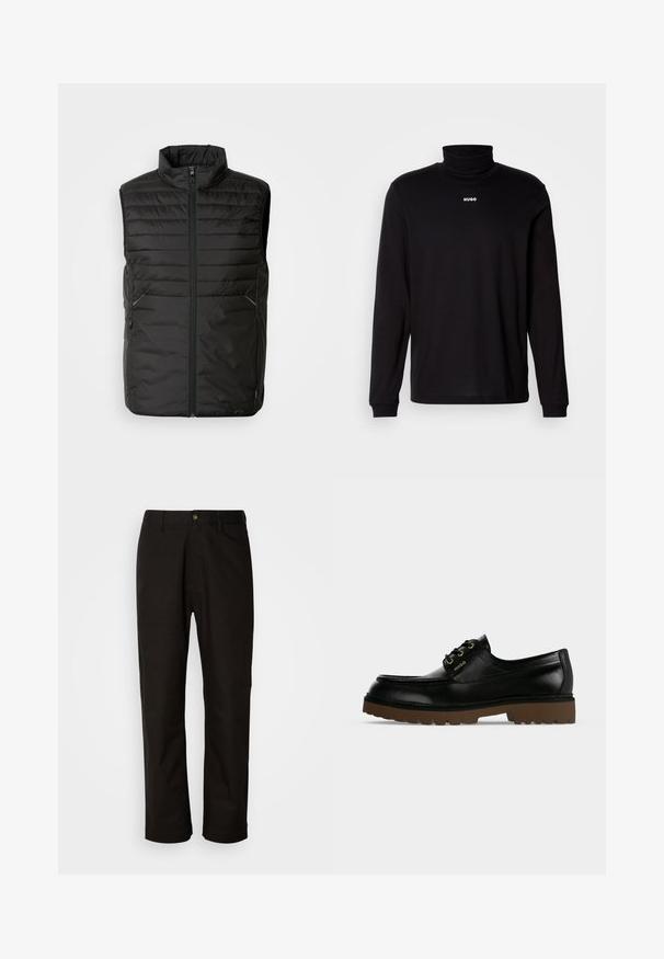 Musthave mustela vest, matt mustelkolle, täiustatud, külgmine taskud, suurepärane kaela, täispikk lukk. Esiküljel on peen brändingu detail.; Must mustagahe mustertopp, mis on valmistatud siledast kangast, millel on ees valge "HUGO" logo, kitsa manseti ja allääriga.; Mustad puuvillased püksid sirge lõikega, vöökohaga, esi tõmblukuga ja ühe nupuga sulgemisega. Sile tekstuur, ilma nähtavate mustriteta.; Mustad madala lõikega nahast kingad paksu pruuni soonilise tallaga, ees nööritav ja kuldse "Hugo" logoga külgpaneelil.