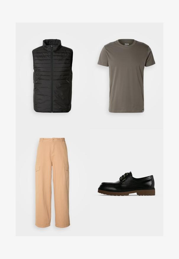 Chaleco acolchado negro sin mangas con cuello alto, cierre frontal completo y dos bolsillos laterales. Presenta un sutil detalle de marca en la parte delantera.; Mads Nørgaard THOR TEE - Camiseta básica - beluga; Pantalones cargo de pierna ancha en color beige, confeccionados en tela ligera, con dos bolsillos laterales y cierre de botón en la cintura. Textura suave.; Zapato de piel negro de corte bajo con suela gruesa marrón estriada, cordones delanteros y logo dorado "Hugo" en el lateral.