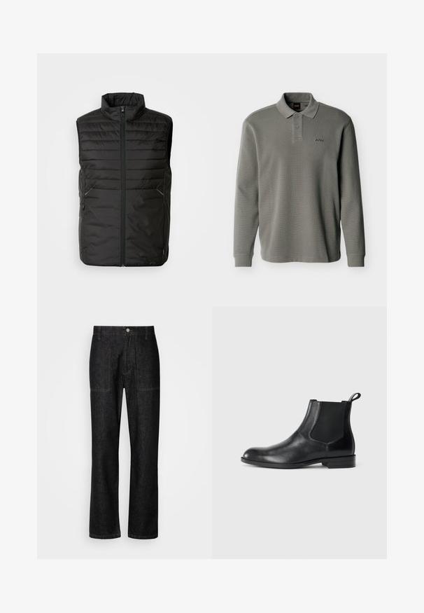 Chaleco acolchado negro sin mangas con cuello alto, cierre frontal completo y dos bolsillos laterales. Presenta un sutil detalle de marca en la parte delantera.; Polo de manga larga gris con dos botones y textura acanalada, con pequeño logo "BOSS" bordado en el pecho izquierdo.; Pantalones de mezclilla negros con corte recto, costuras visibles y cierre frontal con botón. Incluye dos bolsillos laterales y dos bolsillos traseros.; Botín negro de cuero hasta el tobillo con paneles elásticos a los lados, punta redondeada y lengüeta. Textura suave, suela plana, diseño minimalista.