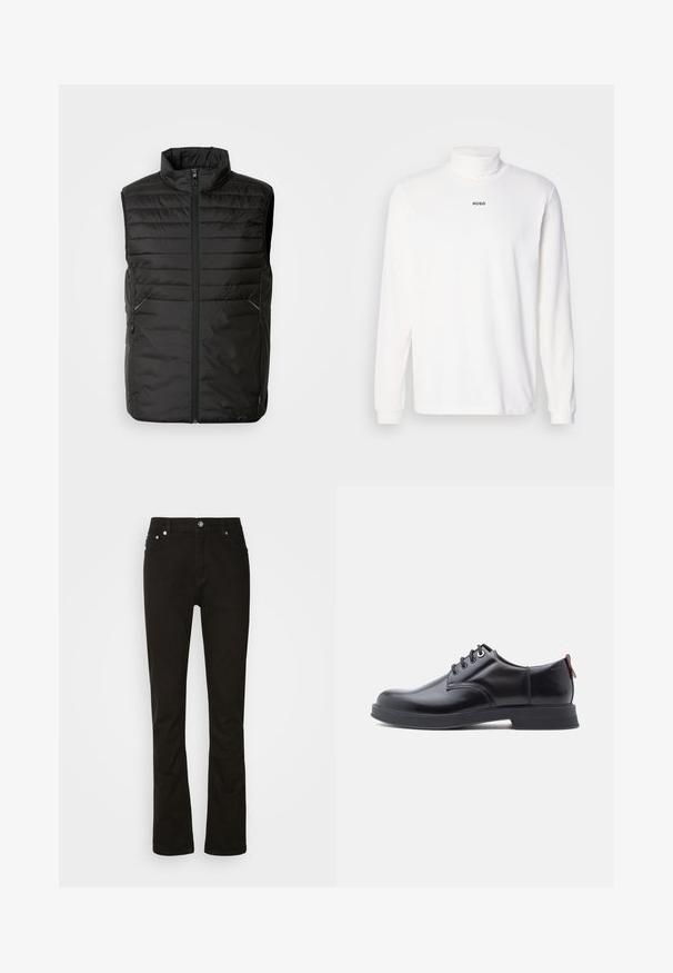 Musthave mustela vest, matt mustelkolle, täiustatud, külgmine taskud, suurepärane kaela, täispikk lukk. Esiküljel on peen brändingu detail.; Valge pikkade varrukatega kõrge kaelusega t-särk, mis on valmistatud pehmest kangast, esitades ees diskreetset musta "HUGO" logo, sobivate mansettidega.; Mustad teksad otsteva lõikega, millel on esikotid, luku sulgemine ja hõbedased detailid. Ühtlane tekstuur, ilma mustriteta.; Mustad nahast paeltega kingad, millel on sile tekstuur, ümar nina ja peen õmblusdetail. Kandjal on punane tõmblint kandlas.