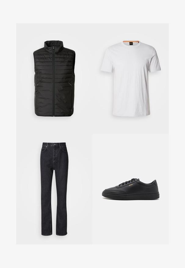 Chaleco acolchado negro sin mangas con cuello alto, cierre frontal completo y dos bolsillos laterales. Presenta un sutil detalle de marca en la parte delantera.; Camiseta de manga corta blanca hecha de suave algodón, con un cuello redondo y un sutil detalle de logo en blanco a juego en la parte delantera.; Jeans de mezclilla negros de cintura alta con cierre de botón y cremallera, bolsillos frontales y traseros, y corte recto.; Zapatillas de cuero negro con una textura suave, punta redondeada, suela plana de goma y cordones a tono. Presentan el logotipo dorado "BOSS" en el lateral.