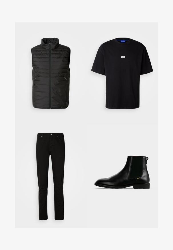 Chaleco acolchado negro sin mangas con cuello alto, cierre frontal completo y dos bolsillos laterales. Presenta un sutil detalle de marca en la parte delantera.; Camiseta de algodón negra con cuello redondo, mangas cortas y un logo rectangular blanco "HUGO" en el pecho. Textura suave, corte relajado.; Vaqueros negros de corte recto con cierre frontal de botón y cremallera, bolsillos delanteros y traseros, mostrados sobre un fondo claro y liso.; Botín de cuero negro con panel lateral elástico, tacón bajo, lengüeta trasera y pequeño logo dorado "HUGO" en el lateral exterior.