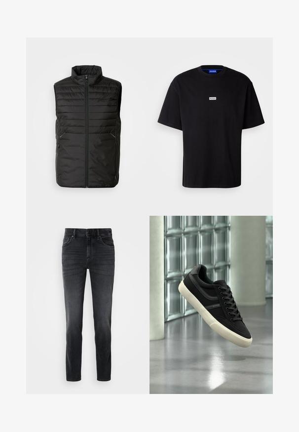 Sort, polstret ærmeløs vest med høj krave, fuld frontlynlås og to sidelommer. Har et diskret brandlogo på forsiden.; Sort bomulds t-shirt med rund hals, korte ærmer og et hvidt rektangulært "HUGO" logo på brystet. Glat overflade, afslappet pasform.; Sorte denimjeans med slim fit, der har en mellemhøj talje, klassisk fem-lomme design og subtle falmning på benene.; Sort lavt sneakersko med hvid sål og snørebånd, mærket "BOSS", svævende indendørs nær glasblokvinduer og betonpiller.