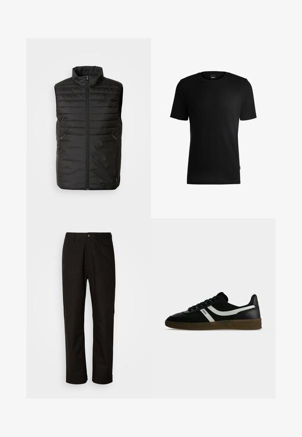 Chaleco acolchado negro sin mangas con cuello alto, cierre frontal completo y dos bolsillos laterales. Presenta un sutil detalle de marca en la parte delantera.; Camiseta negra de manga corta hecha de tejido texturizado con cuello redondo. Presenta una etiqueta con el logotipo en el lateral inferior.; Pantalones de algodón negros con corte recto, presillas para el cinturón, cremallera frontal y un solo botón de cierre. Textura suave sin patrones visibles.; Zapatilla negra de caña baja con suela marrón, rayas blancas en los laterales, cordones negros y texto "BOSS" en el lateral, mostrada desde el perfil exterior.