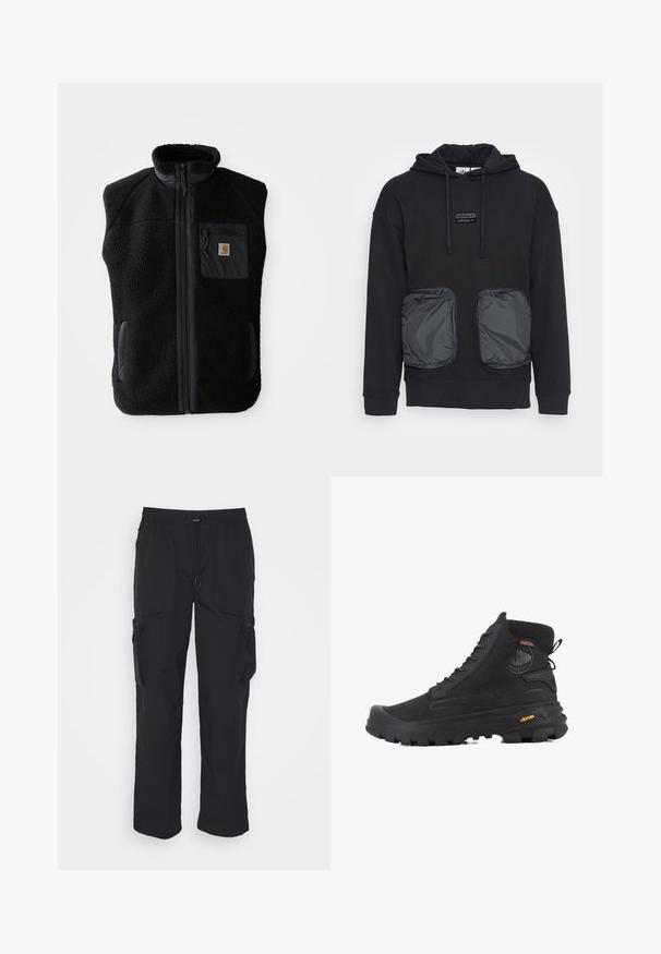 Zwarte fleece vest met hoge kraag, ritssluiting aan de voorkant en een borstzak. Heeft een textuurstof en zijzakken met zwarte accentueringen.; Zwarte hoodie met een ontspannen pasvorm, voorzien van twee grote met rits afsluitbare zakken van glanzend materiaal aan de voorkant. Klein logo-patch boven de zakken.; Zwarte cargobroek van geweven stof. Voorzien van een verstelbare tailleband, zijzakken en twee utilityzakken met ritsen.; Zwarte hoge laarzen met een gestructureerd oppervlak, voorzien van een waterdicht ontwerp, vetersysteem en een opvallende rubberen zool met Vibram-merktekens.